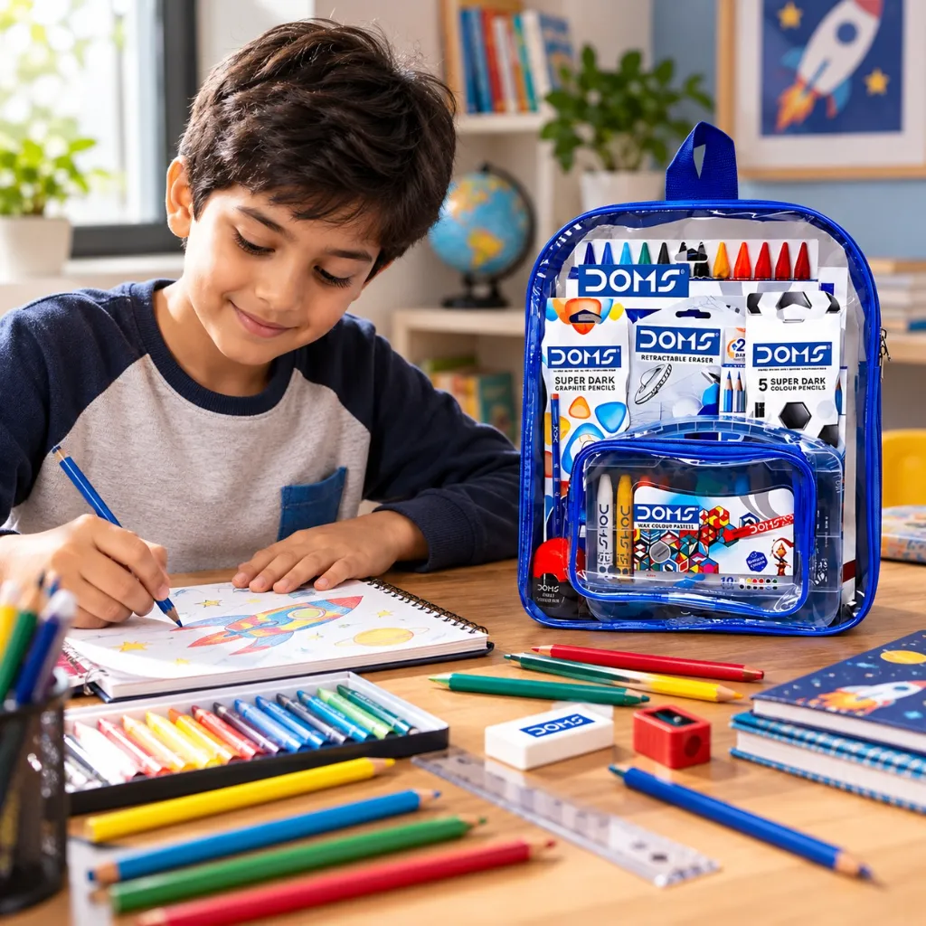 DOMS Stationery Kit 12 Pcs with Transparent Zipper Bag.webp