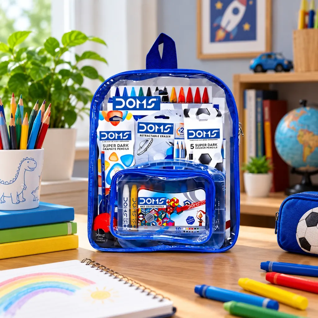 DOMS Stationery Kit 12 Pcs with Transparent Zipper Bag (2).webp