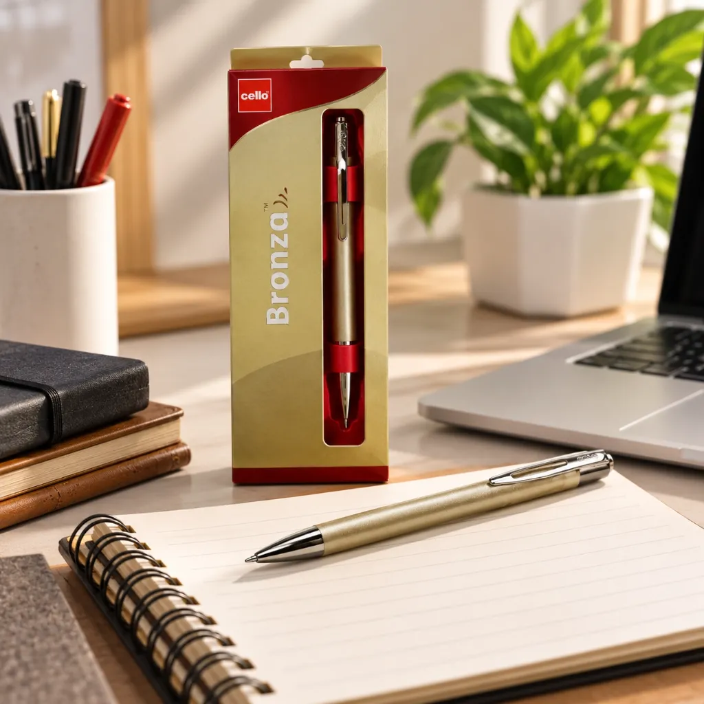 Cello Bronza DX Ball Pen – Smooth Writing Blue Ink Metallic Finish Pen (3).webp