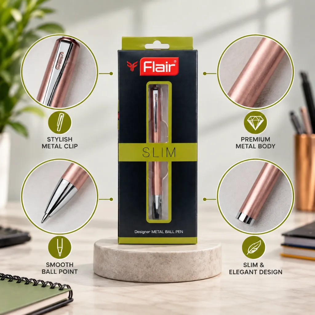 Flair Slim Designer Metal Ball Pen – Premium Blue Ink Smooth Writing Pen (2).webp