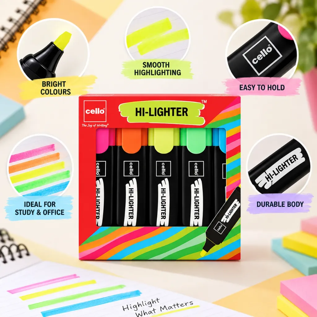 Cello Hi-Lighter (Pack of 5, Vivid Colors) (3).webp