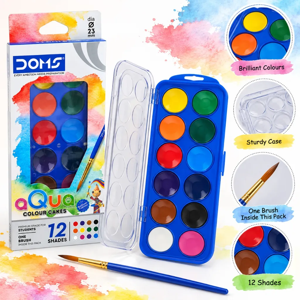 DOMS Aqua Colour Cakes  12 Shades with Brush  Watercolour Set for Kids, School & Art Activities (2).webp