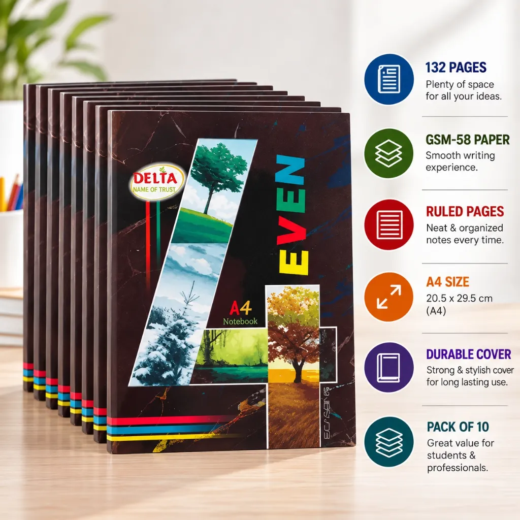 Delta A4 Notebook Pack of 10 – 132 Ruled Pages Soft Cover Student & Office Notebook Set (3).webp