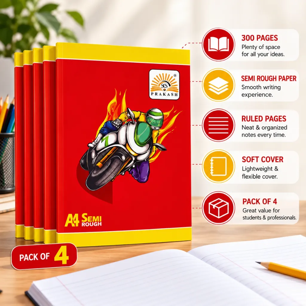 Prakash A4 Semi Rough Notebook Pack of 4– 300 Ruled Pages – Soft Cover Student Notebook (4).webp