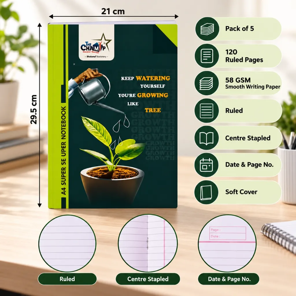 The Champ A4 Notebook Pack of 5 – 120 Ruled Pages – Soft Cover Writing Notebook (3).webp