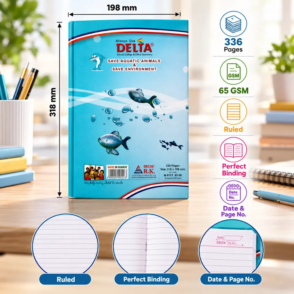 Delta A4 Long Notebook – Hard Cover – 336 Ruled Pages – 65 GSM Writing Notebook (2).webp