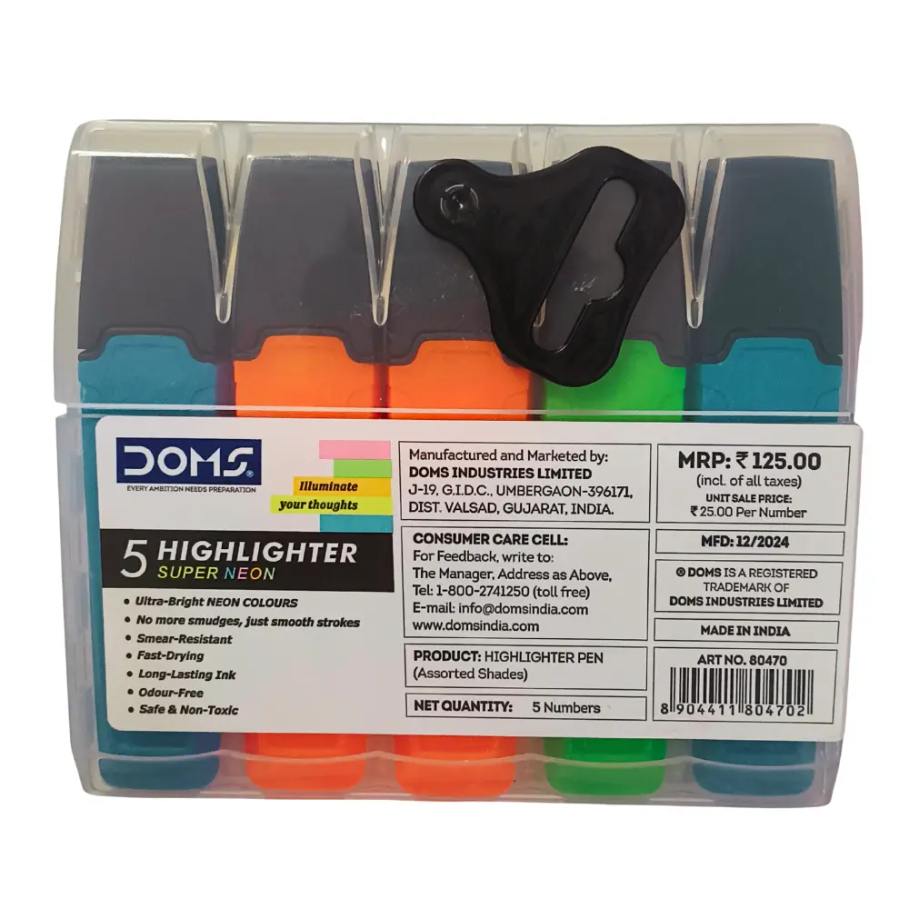 Doms Super Neon Highliter Set Of 5 – Chisel Tip Marker Pens.webp