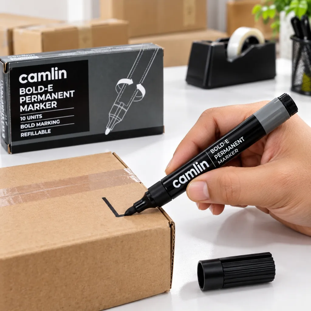 Camlin Bold-E Permanent Marker Pack of 10  Bold Marking Pens for Office, School, Warehouse & Business.webp