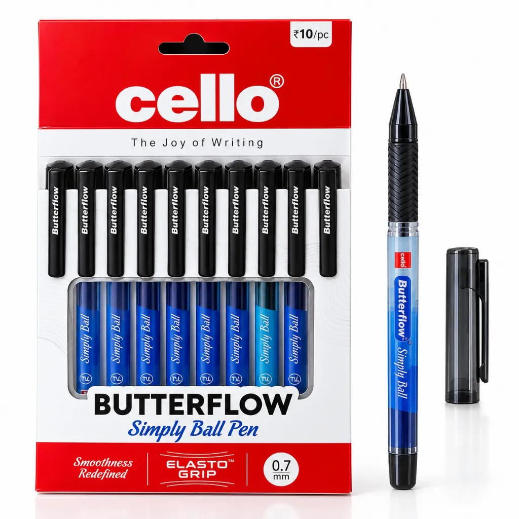 Cello Butterflow Simply Black Ball Pen Pack of 10 for School & Office (4).webp