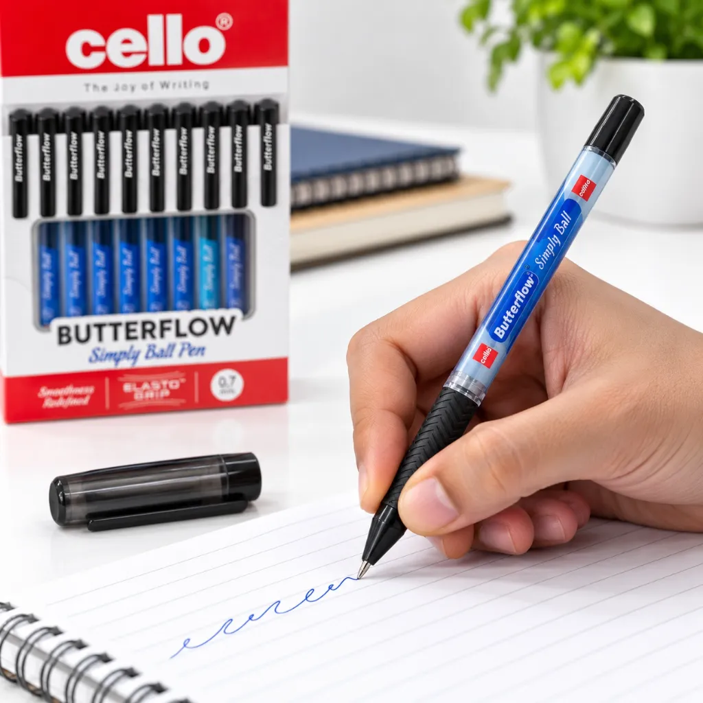 Cello Butterflow Simply Black Ball Pen Pack of 10 for School & Office (2).webp