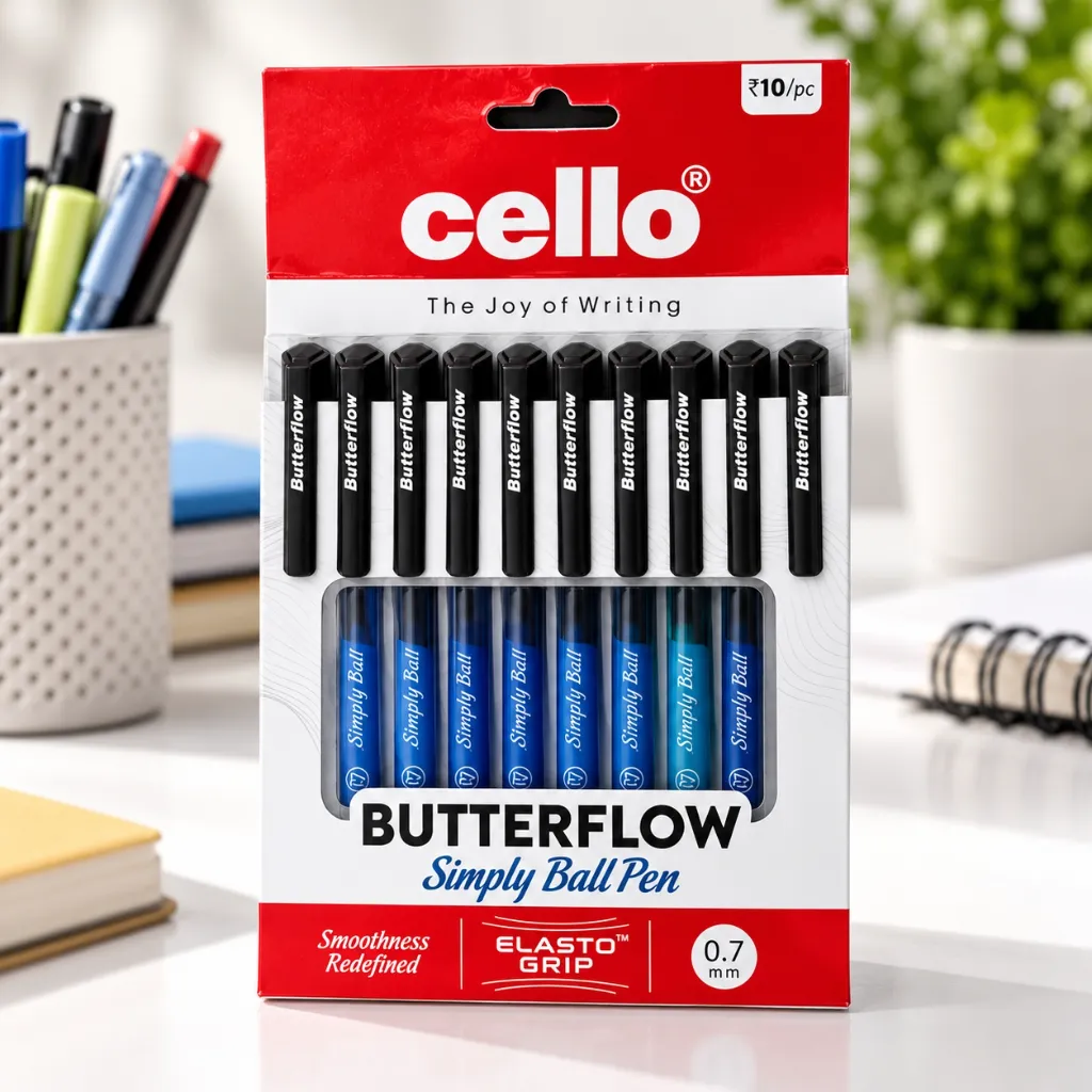 Cello Butterflow Simply Black Ball Pen Pack of 10 for School & Office.webp