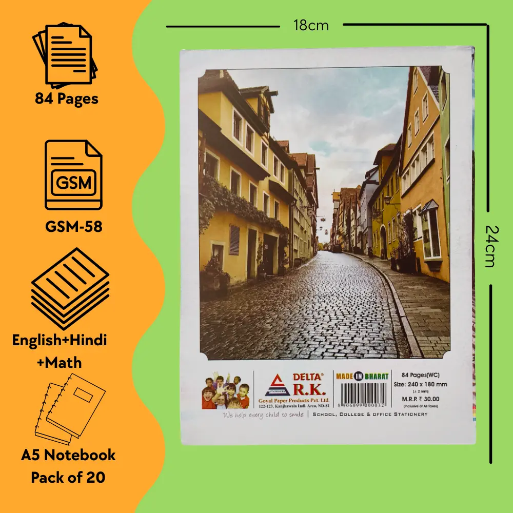 Delta A5 Notebook Combo Set – 10 Hindi Notebooks + 5 English Notebooks + 5 Math Notebooks – 84 Pages Each – Multi-color Pack of 20 (2).webp