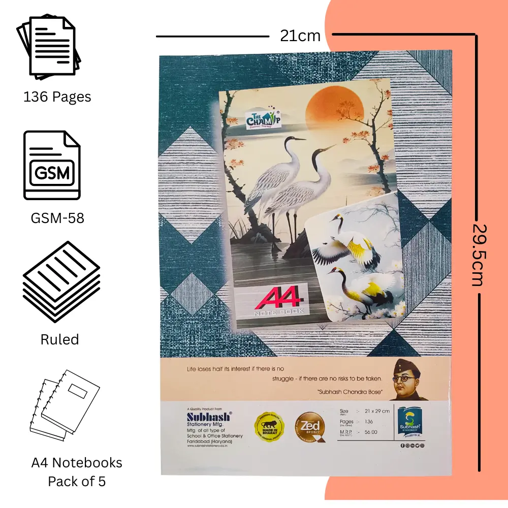 Single Line Notebook -  Pack of 6 Note Books - 136 Ruled Pages - A4 Size - 21 cm x 29 cm Approx - Soft Cover (2).webp