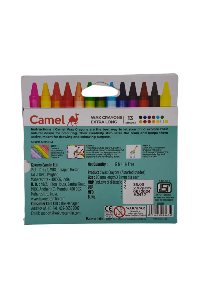 camel wax crayons extra long 13 shades multicolor box