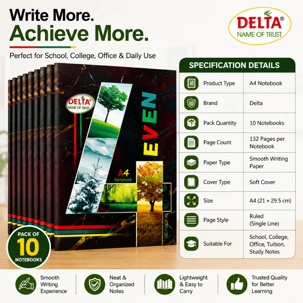 Delta A4 Notebook Pack of 10 – 132 Ruled Pages.webp
