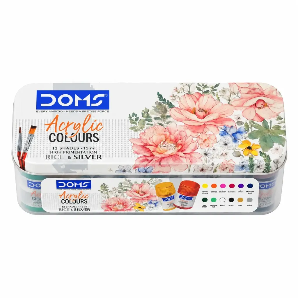 [GS853-2] DOMS Acrylic Paint 12 Shades Set with Brushes – 15ml Multicolor Acrylic Colour Set
