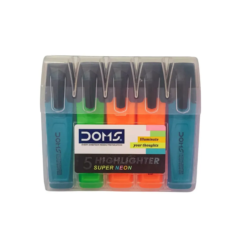[GS848] DOMS Super Neon Highlighter Set of 5 – Chisel Tip Marker Pens for School & Office