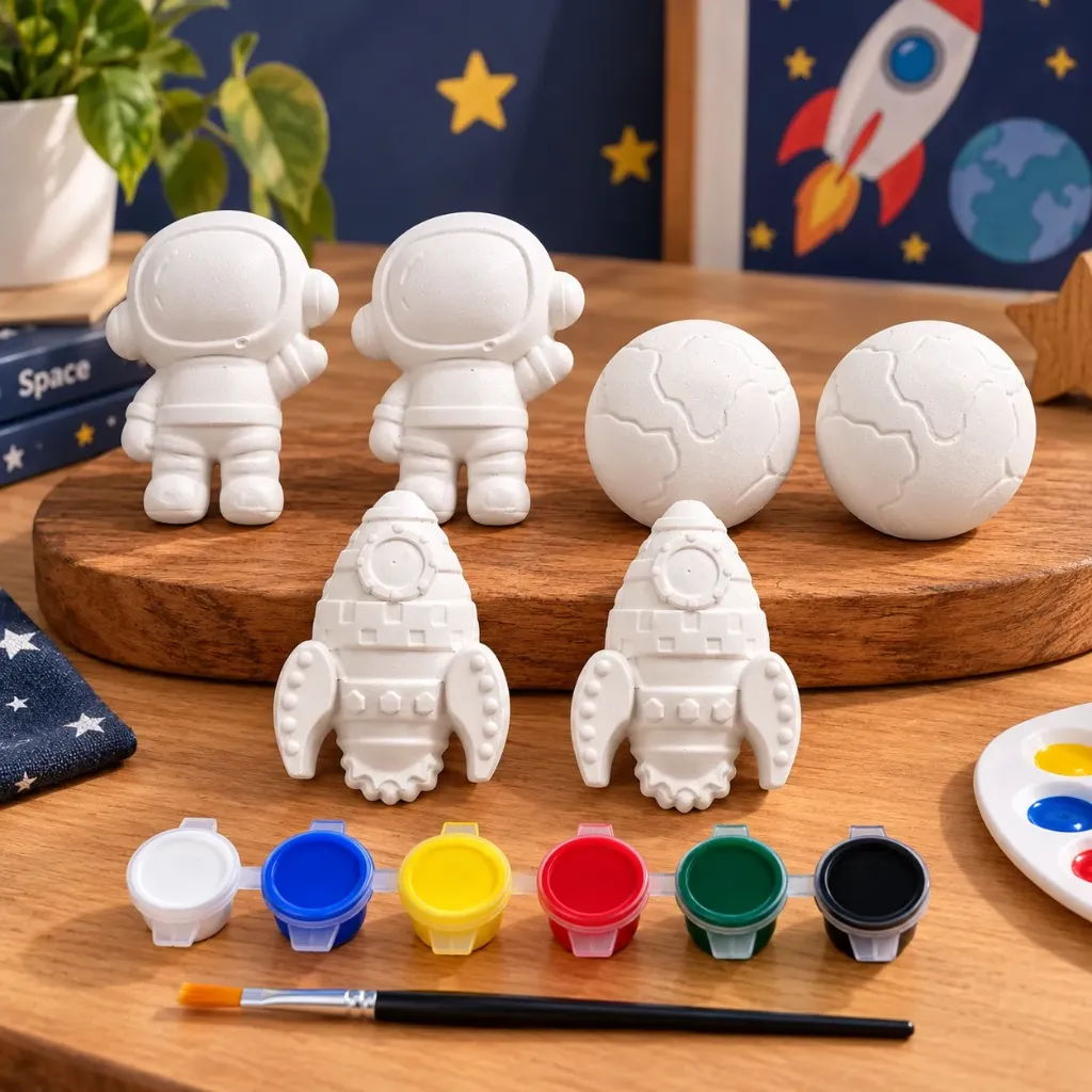 [DIYC1] DIY Space Theme Painting Kit for Kids | 6 Paint Colors with Brush | 2 Astronauts, 2 Rockets & 2 Earth Globes | Creative Art & Craft Activity Set