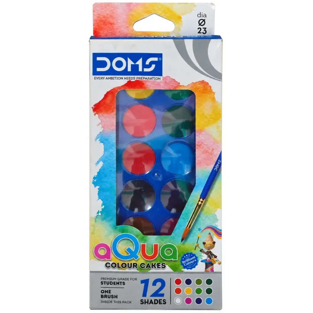 [GS911] DOMS Aqua Colour Cakes | 12 Shades with Brush | Watercolour Set for Kids, School & Art Activities