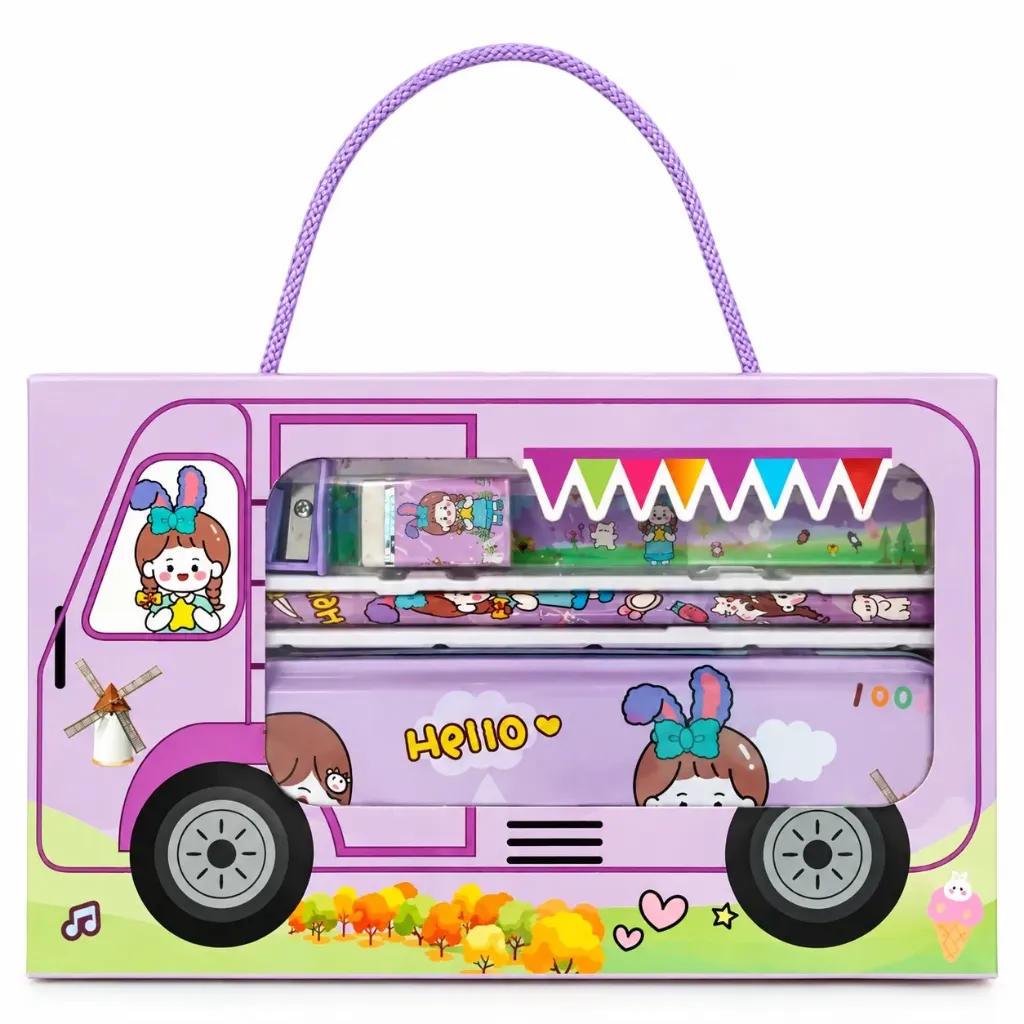 [GS901] Cute Bus Theme Stationery Set for Kids | All in One Pencil Box Kit with Pencil, Ruler, Eraser & Sharpener