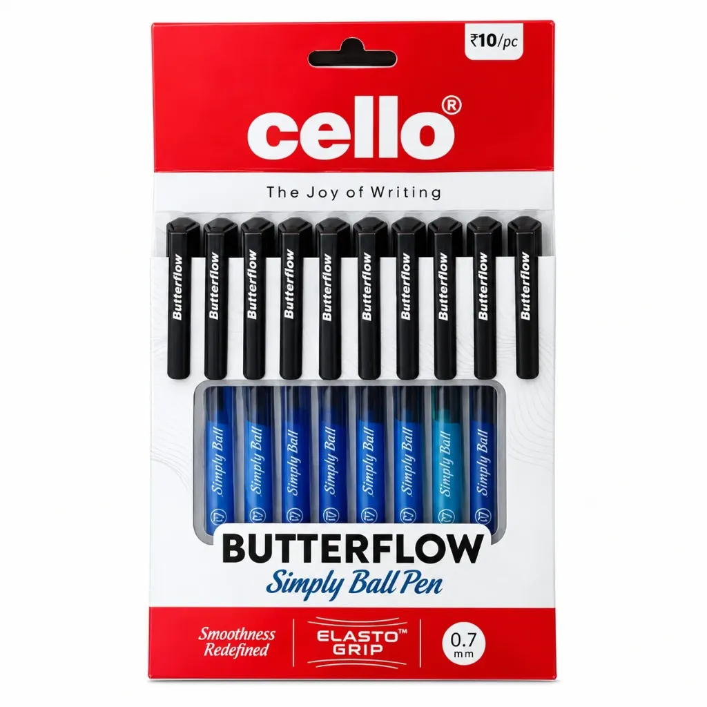 Cello Butterflow Simply Black Ball Pen Pack of 10 for School & Office